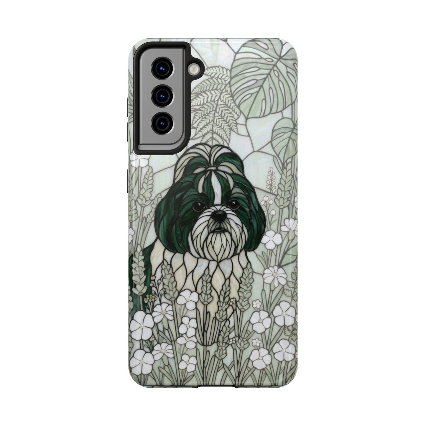 Shih Tzu Stained Glass Style Tough Case — Botanical Green Theme