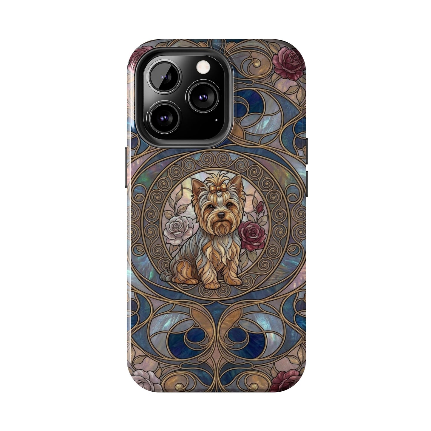 Yorkie Stained Glass Style Midnight Rose Tough Phone Case