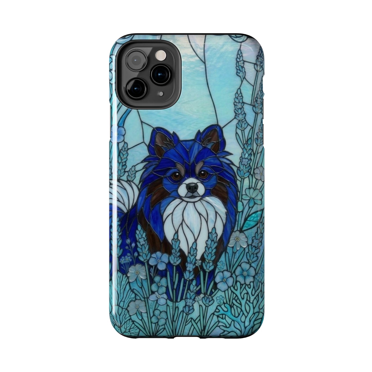 Phone case with a blue and white dog illustration on a floral background