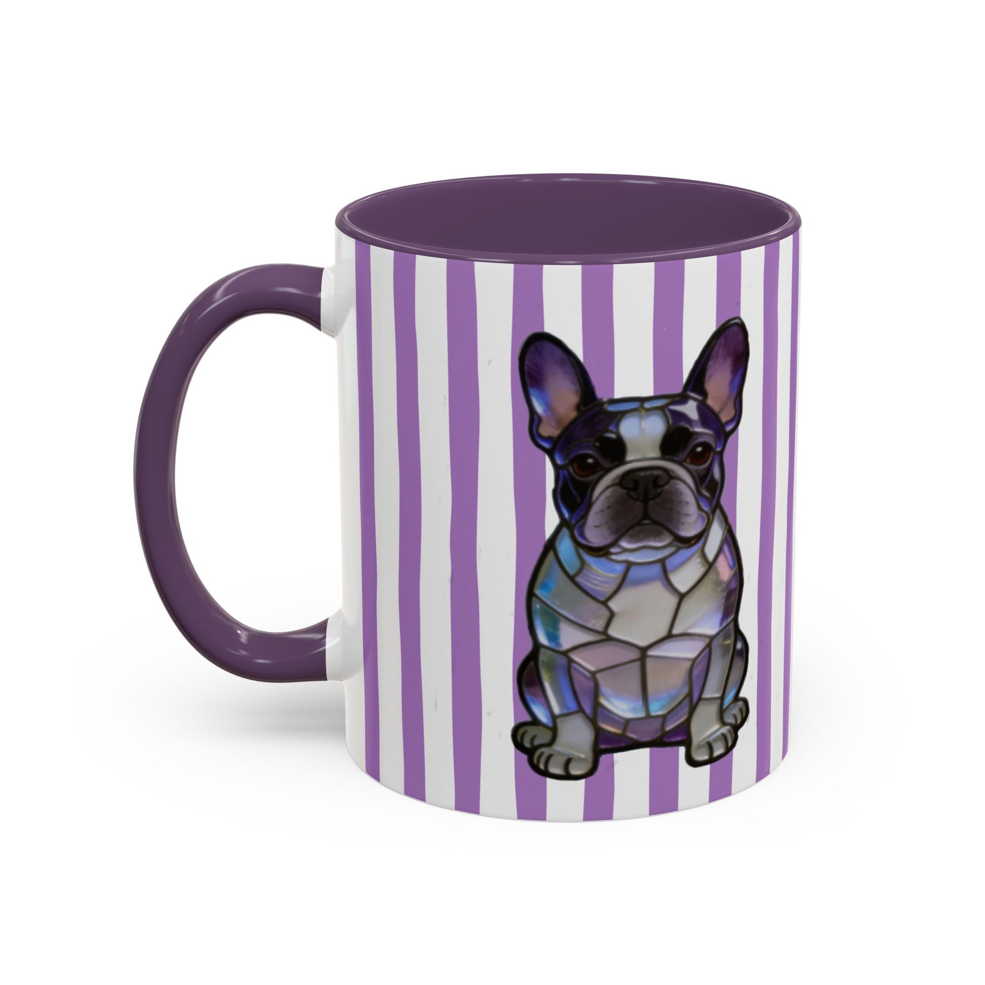 Mug with a purple and white striped pattern and a dog illustration on a white background