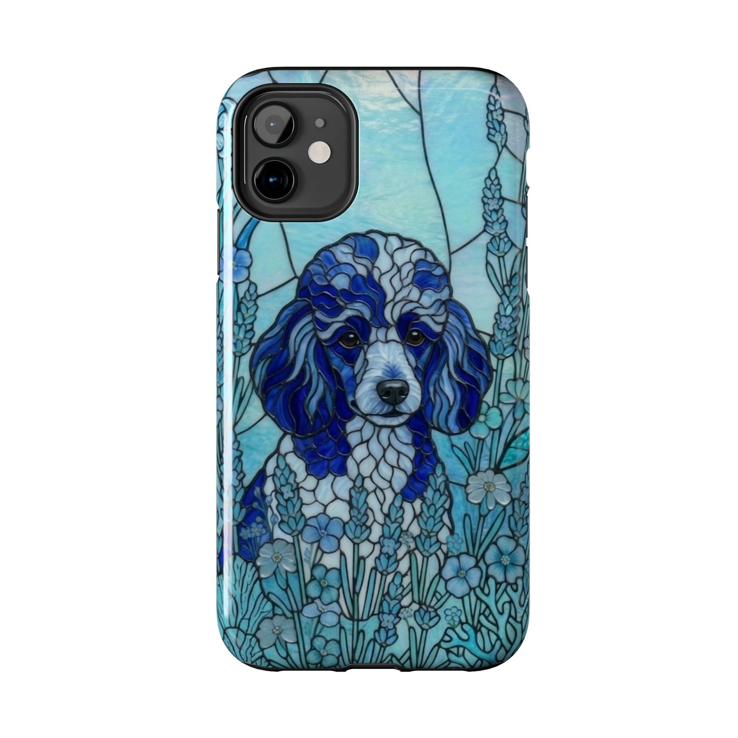 Phone case with a blue dog illustration on a white background