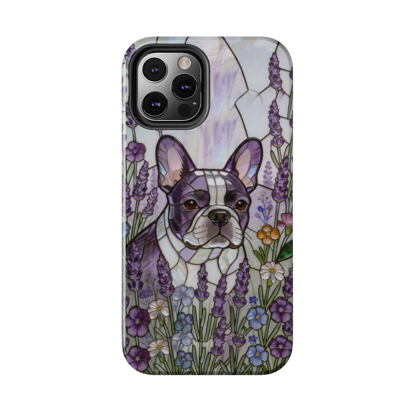 Frenchie Stained Glass Style Tough Case —Lavender Floral Theme