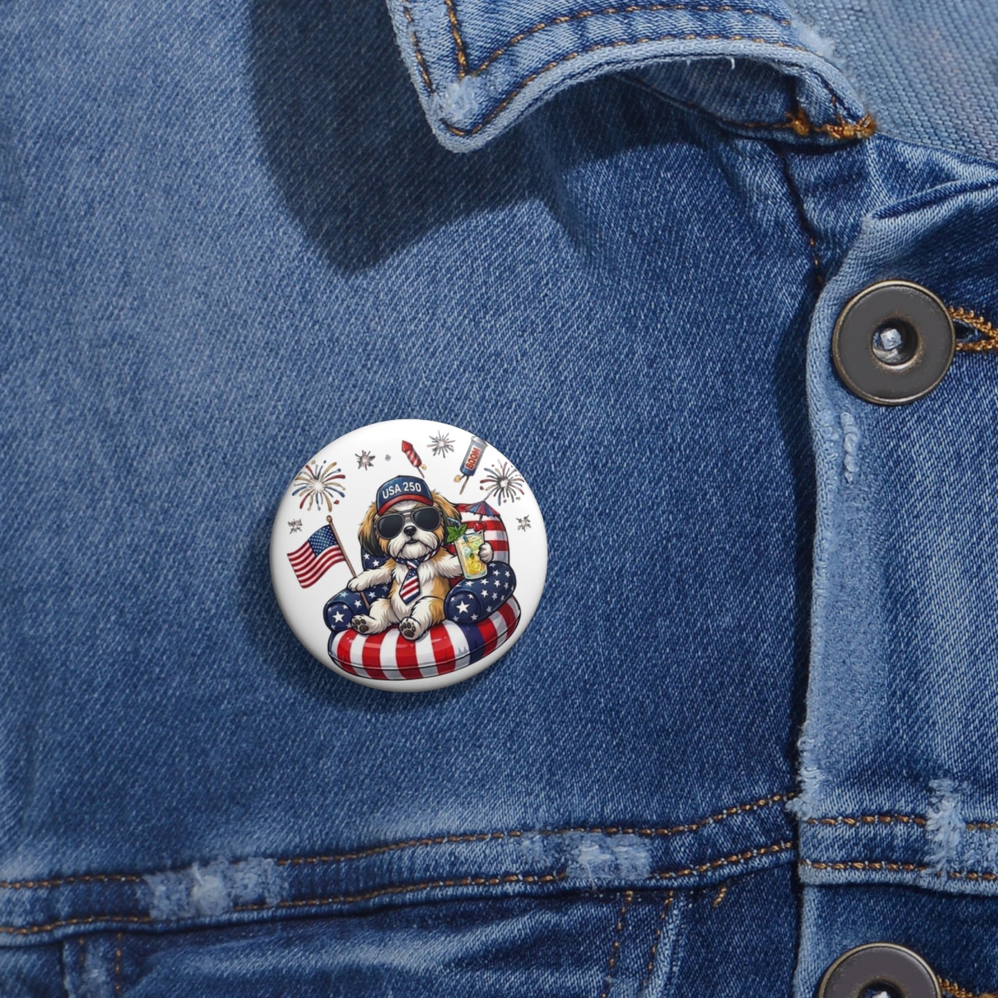 Button with a patriotic design on a blue denim jacket