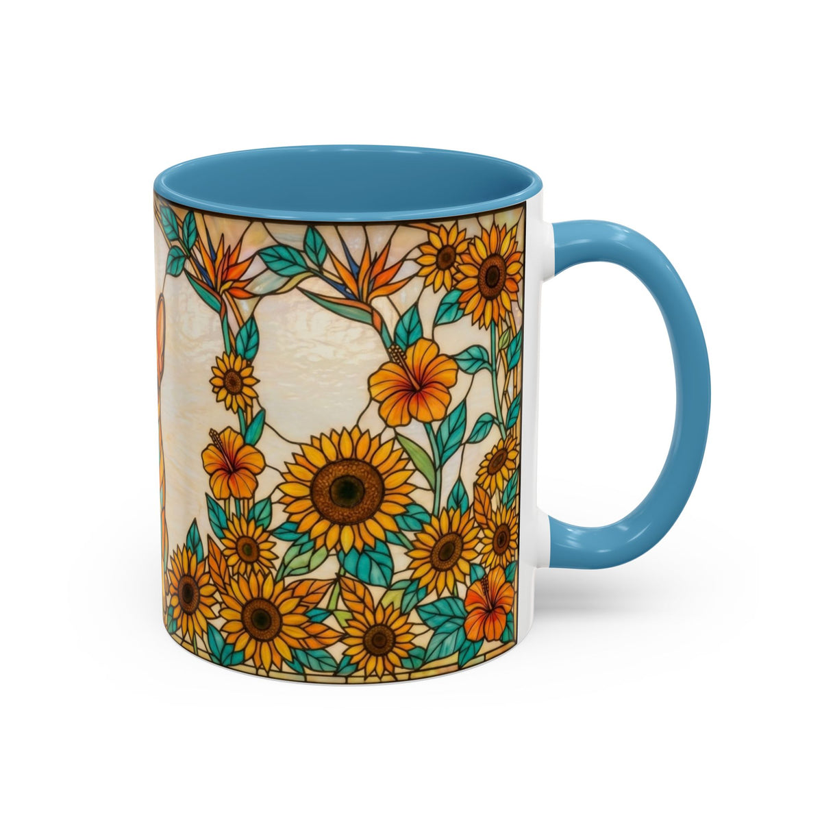 A ceramic mug with a blue handle and interior, featuring a wrap-around floral print of sunflowers and tropical flowers on a cream background.