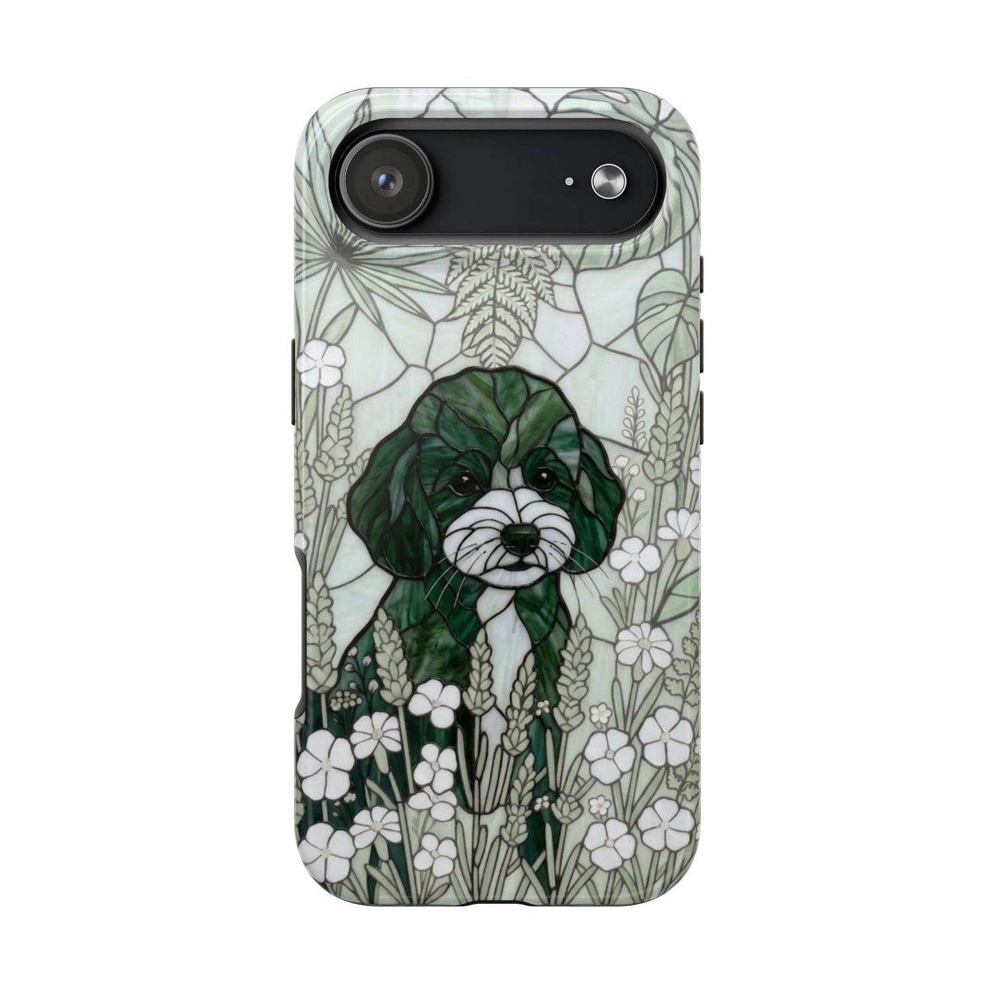 Toy Poodle Stained Glass Style Tough Case — Botanical Green Theme
