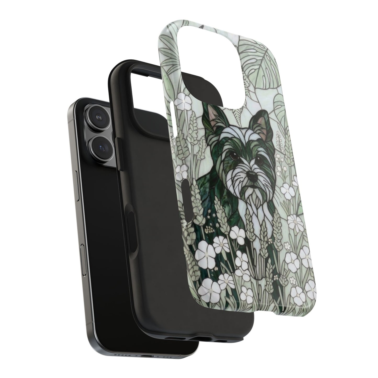 Yorkie Stained Glass Style Tough Case — Botanical Green Theme