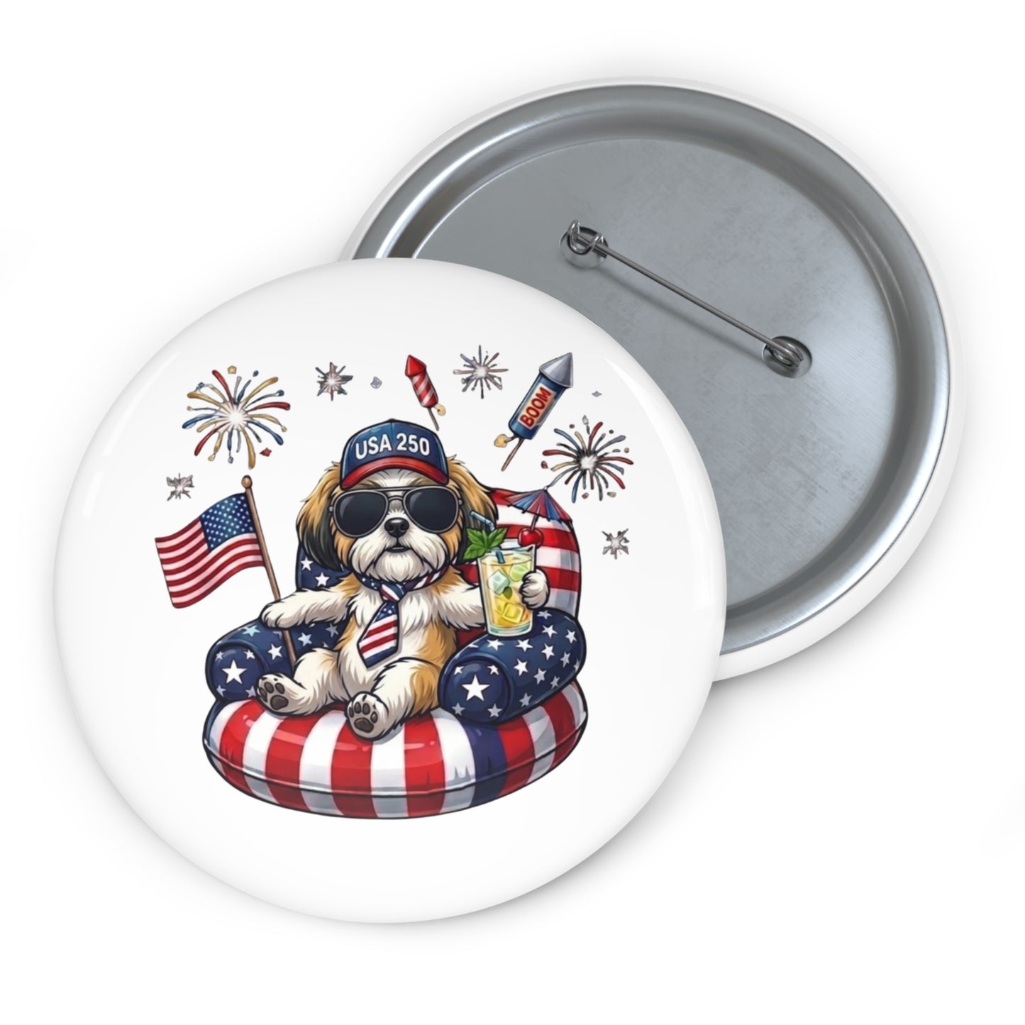 Button badge with a dog wearing sunglasses and a hat, surrounded by American flags and fireworks.