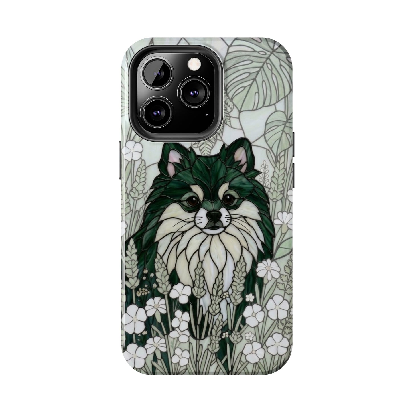 Pomeranian Stained Glass Style Tough Case — Botanical Green Theme