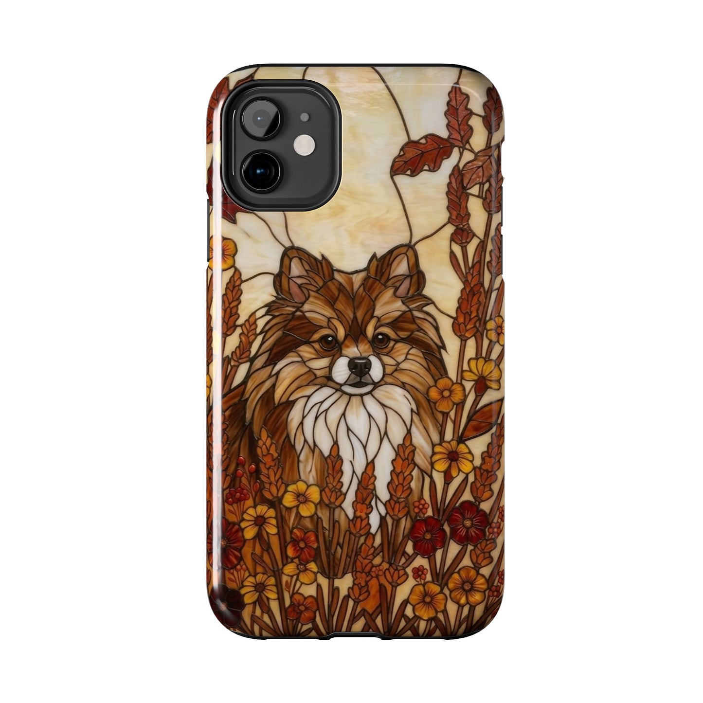 Phone case with a dog and floral design on a white background