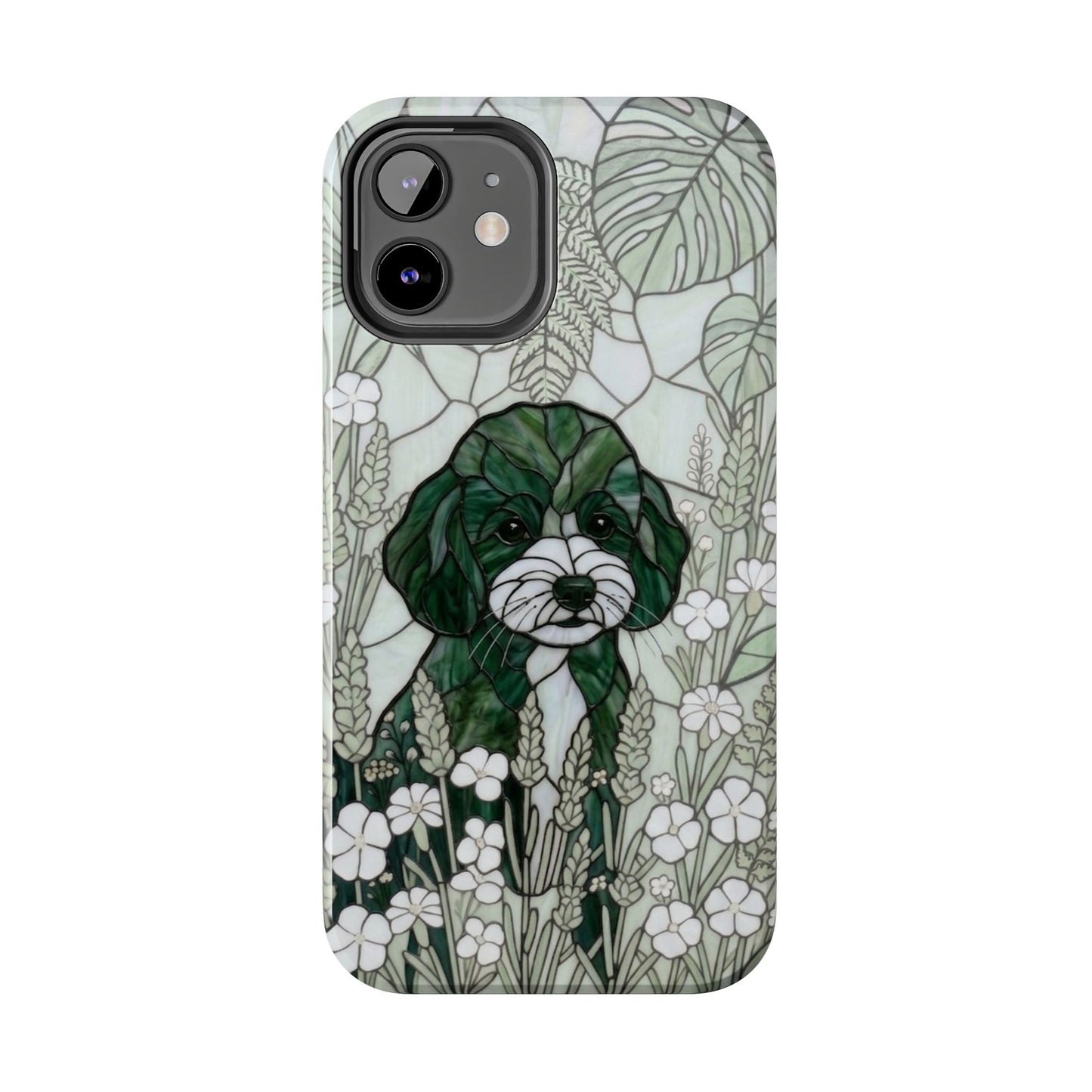 Toy Poodle Stained Glass Style Tough Case — Botanical Green Theme