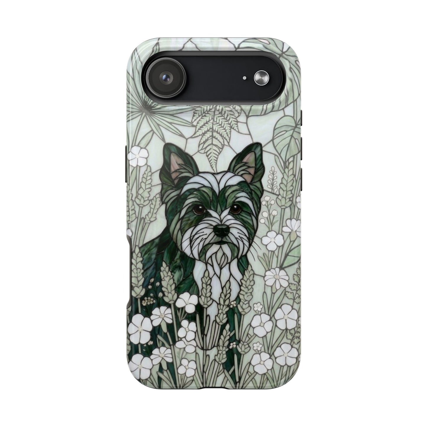Yorkie Stained Glass Style Tough Case — Botanical Green Theme