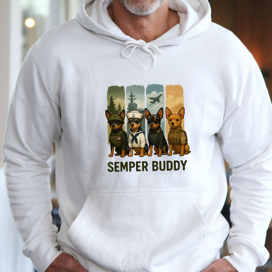 Man wearing a white "Semper Buddy" Miniature Pinscher unisex Hoodie with patriotic military dog design
