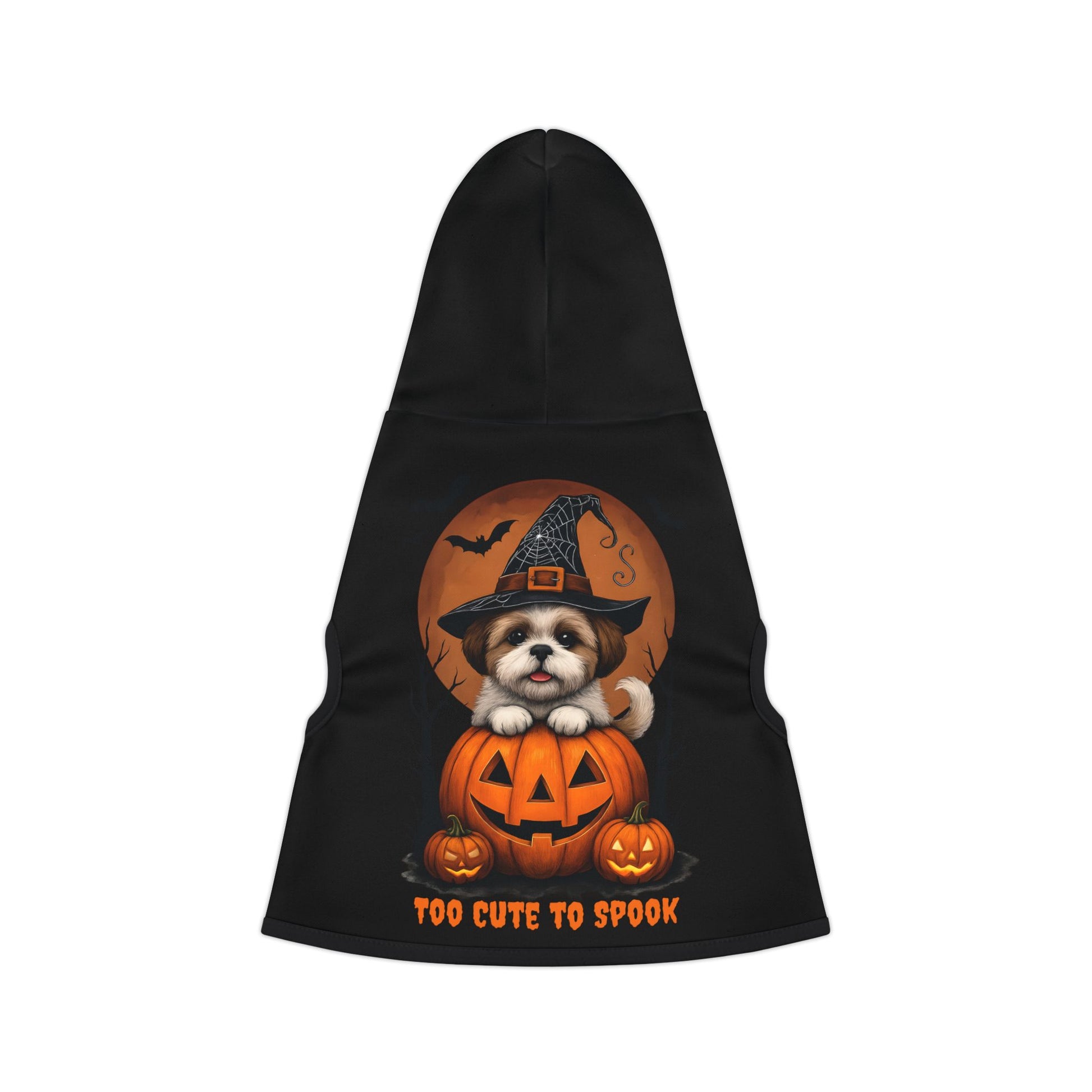 Black pet hood with Halloween design featuring a dog in a witch hat and pumpkin, text 'Too Cute to Spook'.