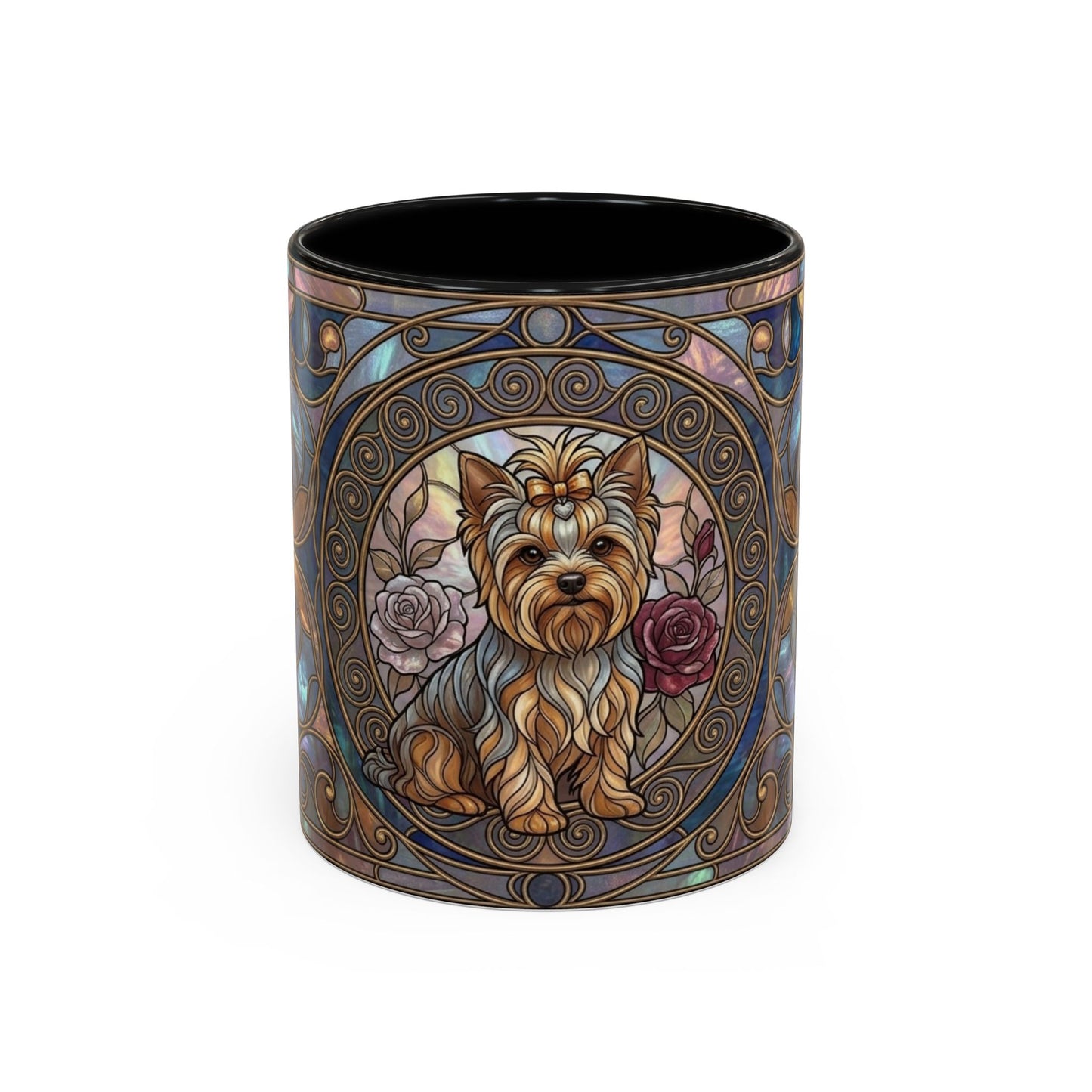 A cylindrical ceramic mug with a black interior and exterior featuring an Art Nouveau style illustration of a Yorkshire Terrier dog surrounded by roses and ornate gold filigree on a blue and beige background.