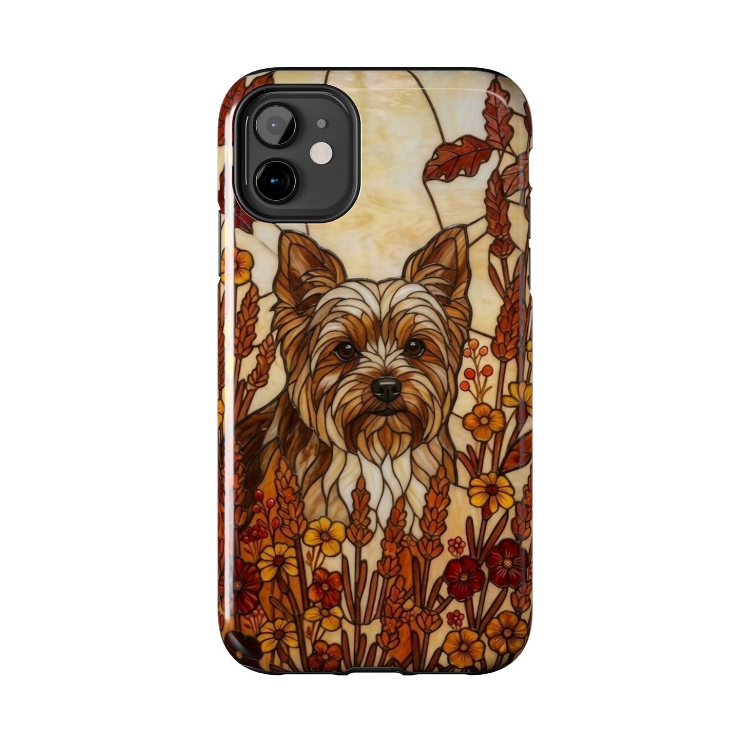 Phone case with a dog illustration and floral design on a white background