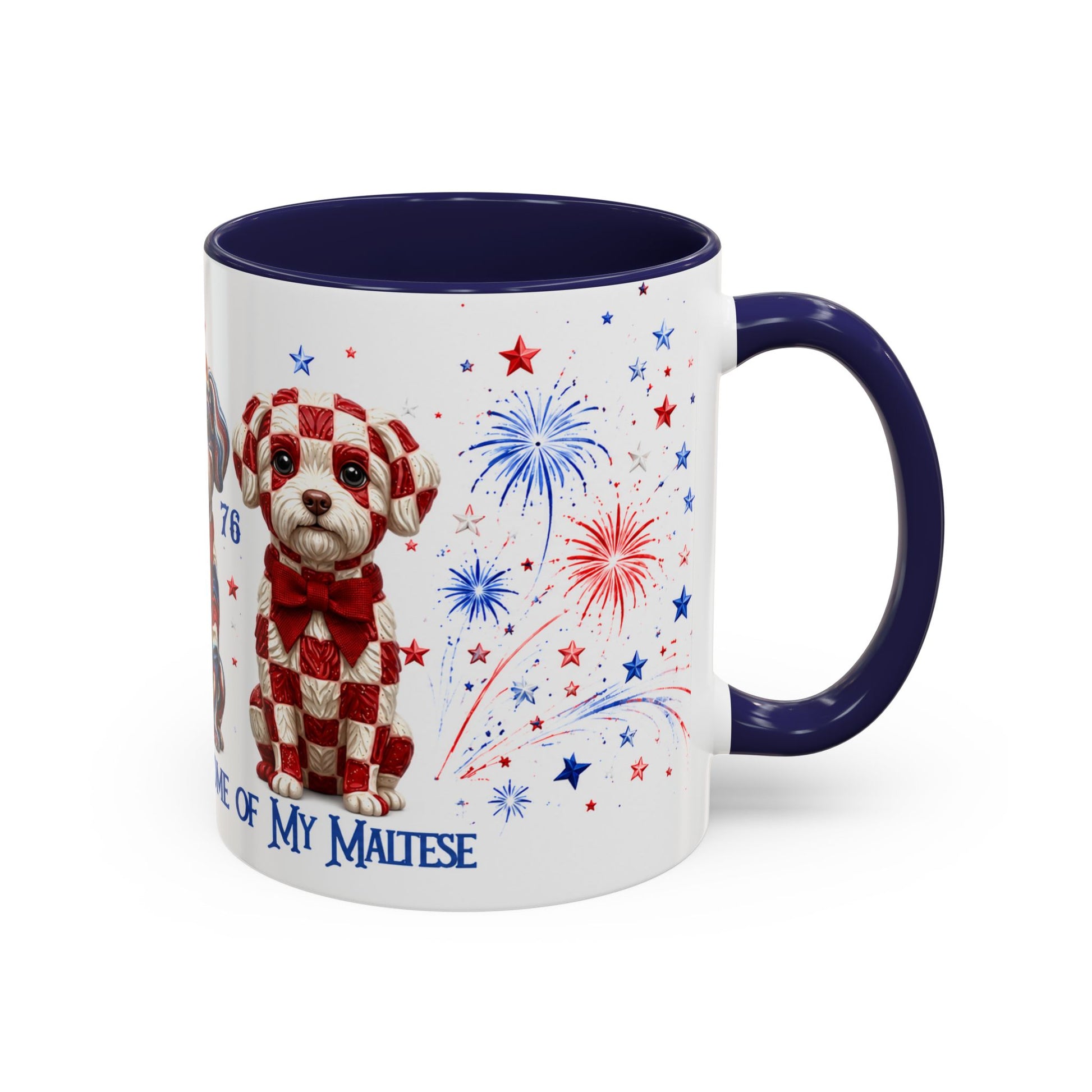Mug with a Maltese dog design, red, white, and blue colors on a white background