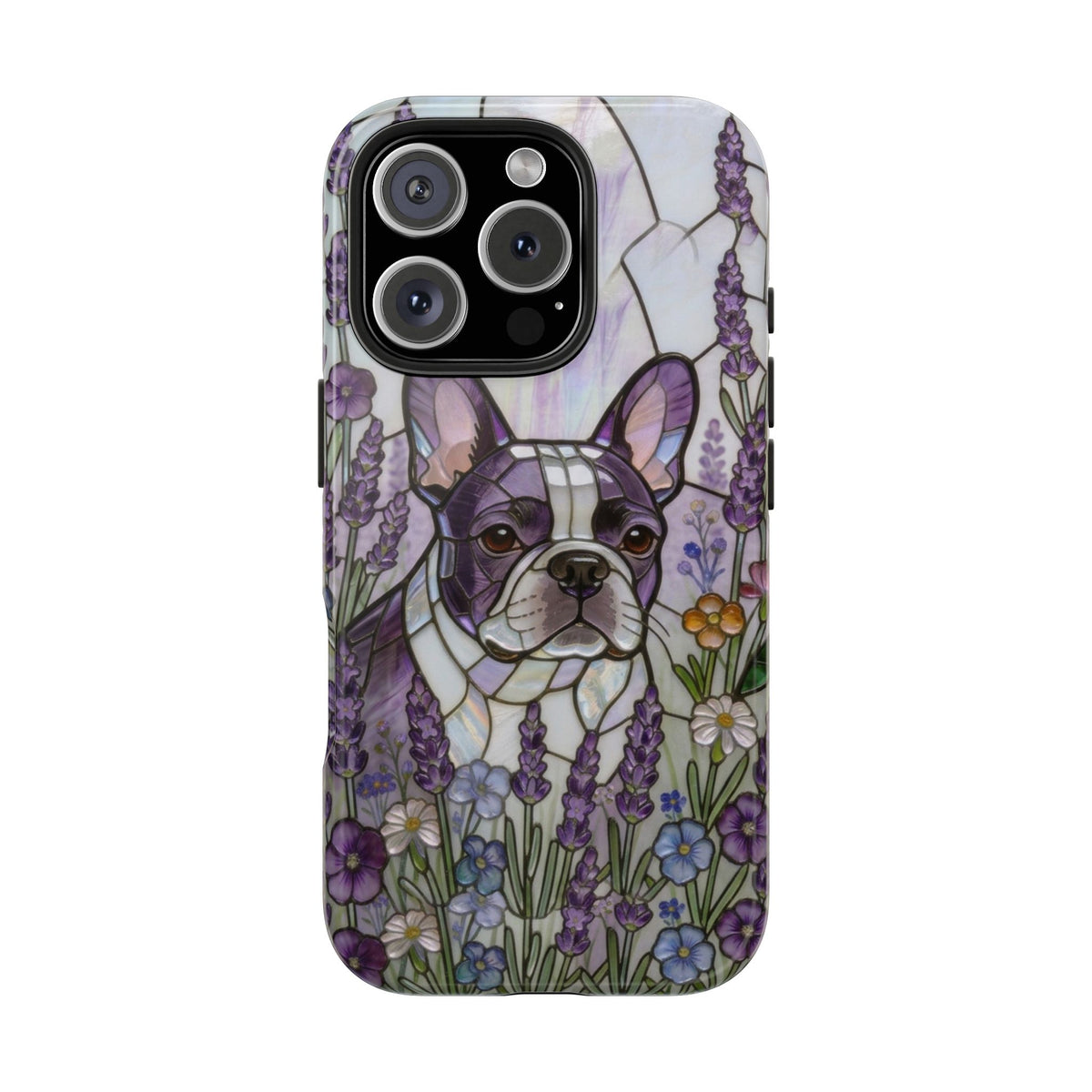 Frenchie Stained Glass Style Tough Case —Lavender Floral Theme