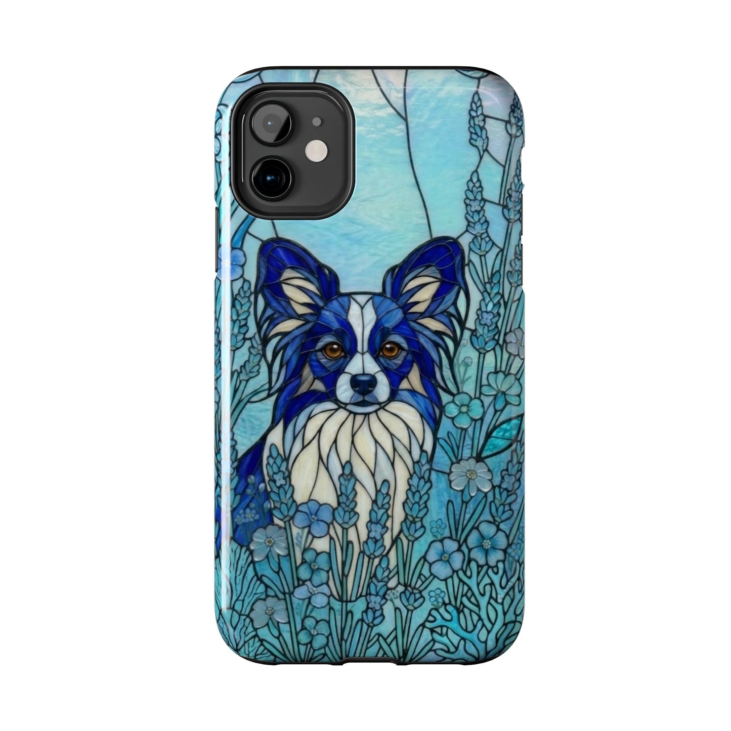Phone case with a blue and white dog illustration in a floral setting on a white background