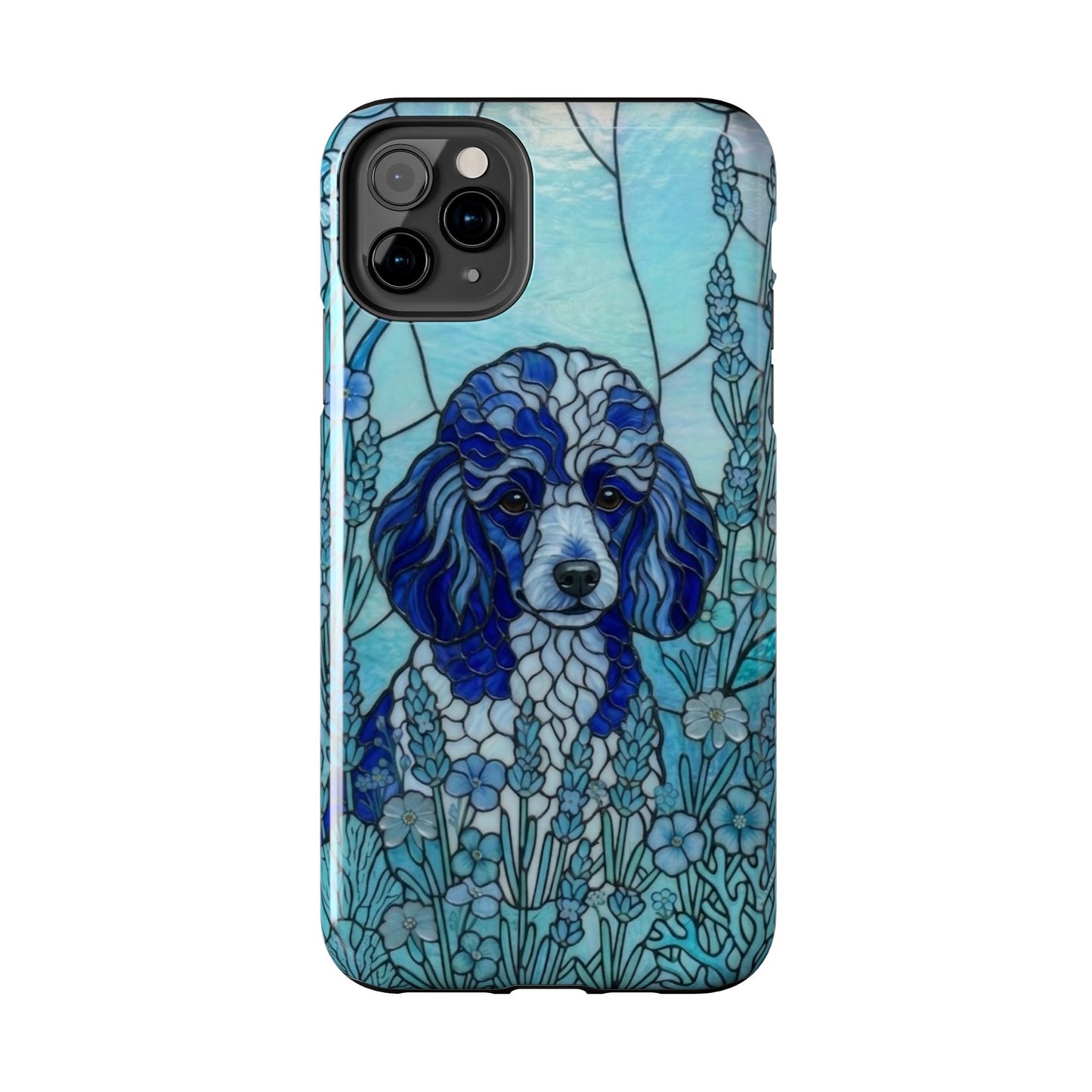 Phone case with a stylized dog illustration in blue tones on a white background