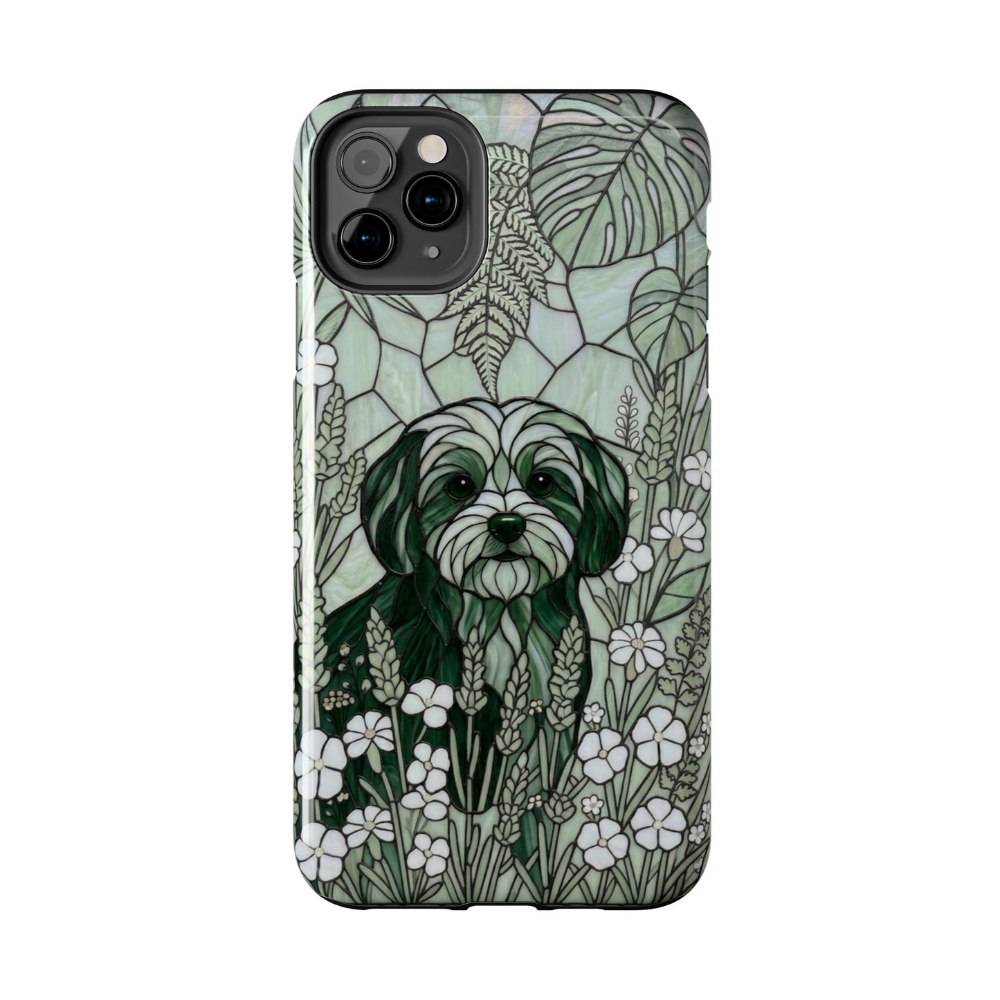 Phone case with a dog illustration and floral design on a white background