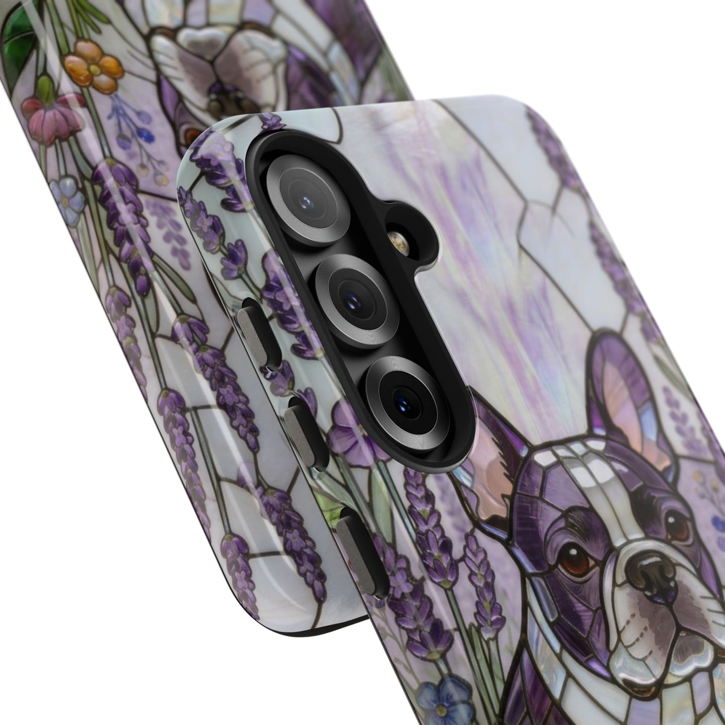 Frenchie Stained Glass Style Tough Case —Lavender Floral Theme