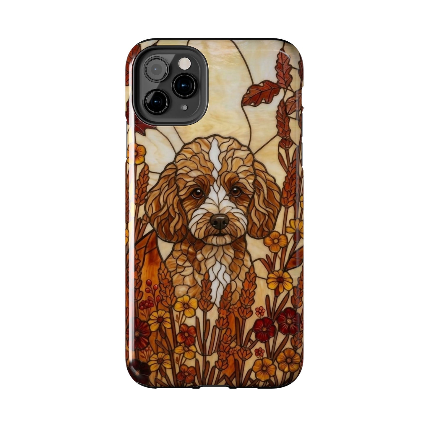 Phone case with a dog illustration in a floral pattern on a white background
