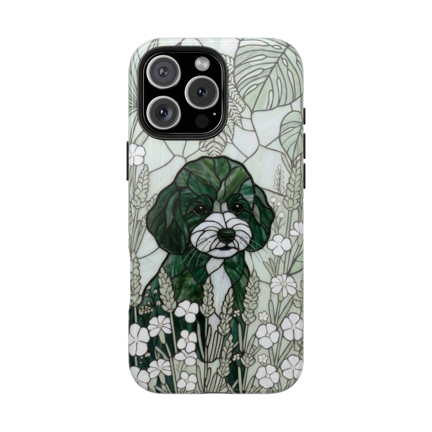 Toy Poodle Stained Glass Style Tough Case — Botanical Green Theme