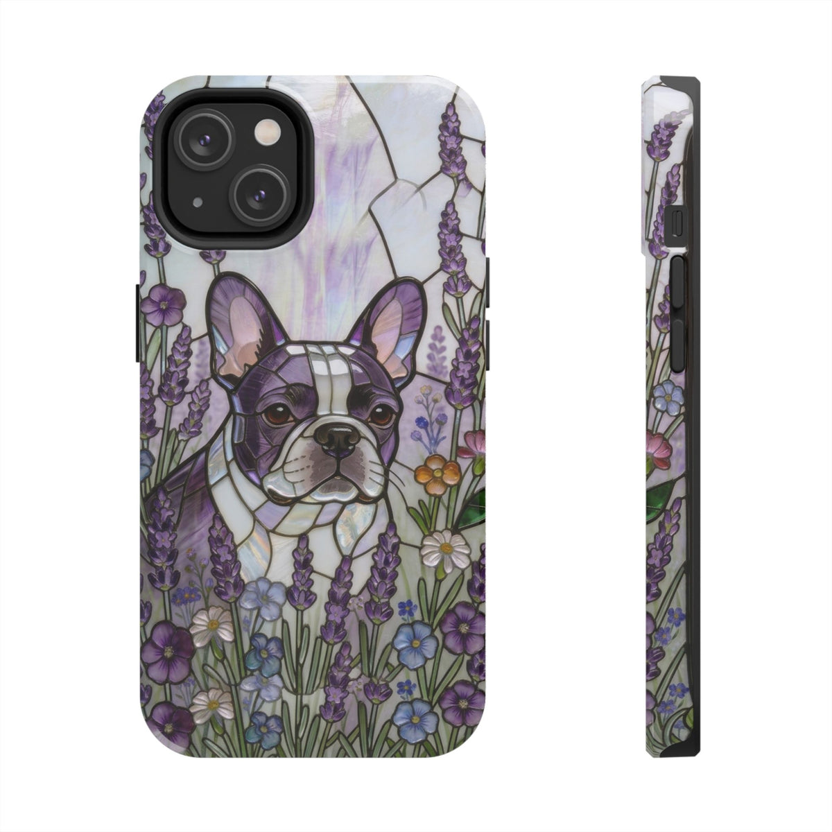 Frenchie Stained Glass Style Tough Case —Lavender Floral Theme