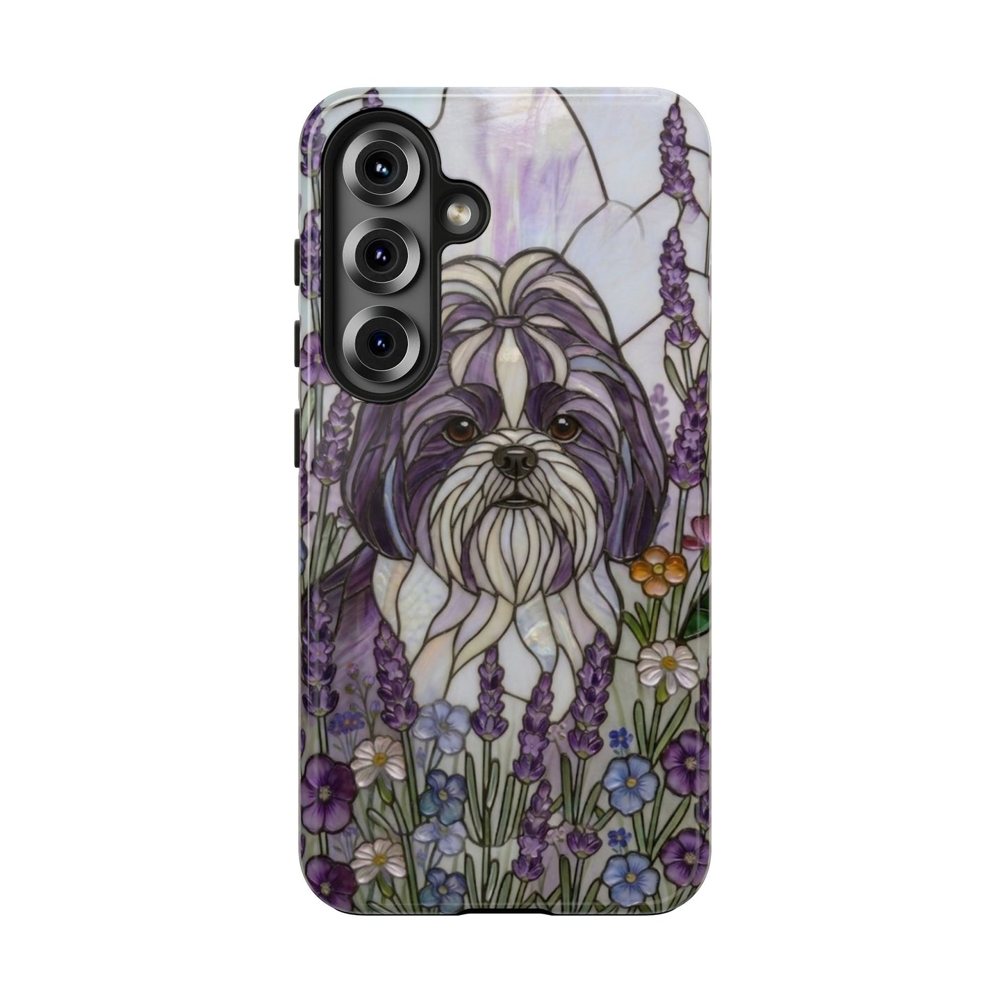 Shih Tzu Stained Glass Style Tough Case — Lavender Floral Theme