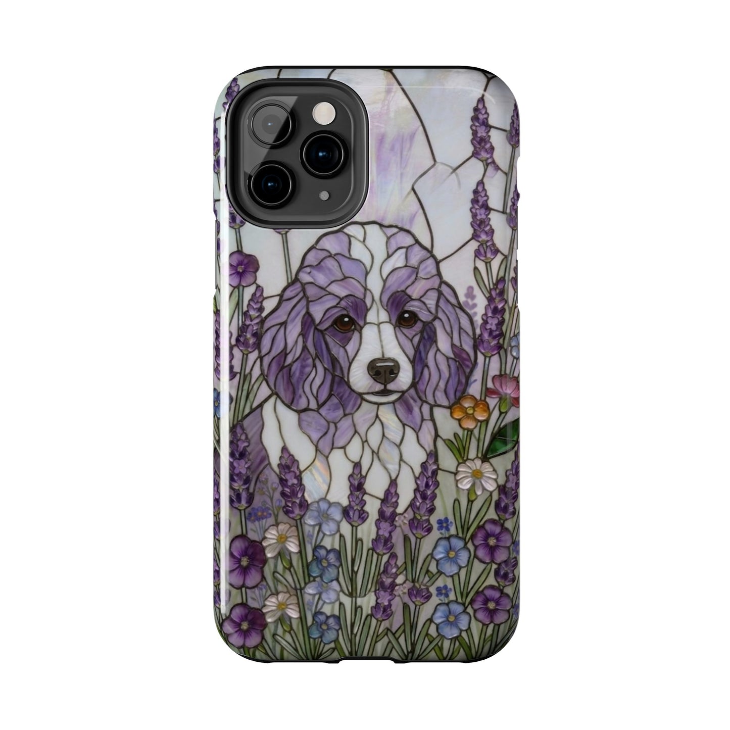 Phone case with a stylized dog and floral design on a white background
