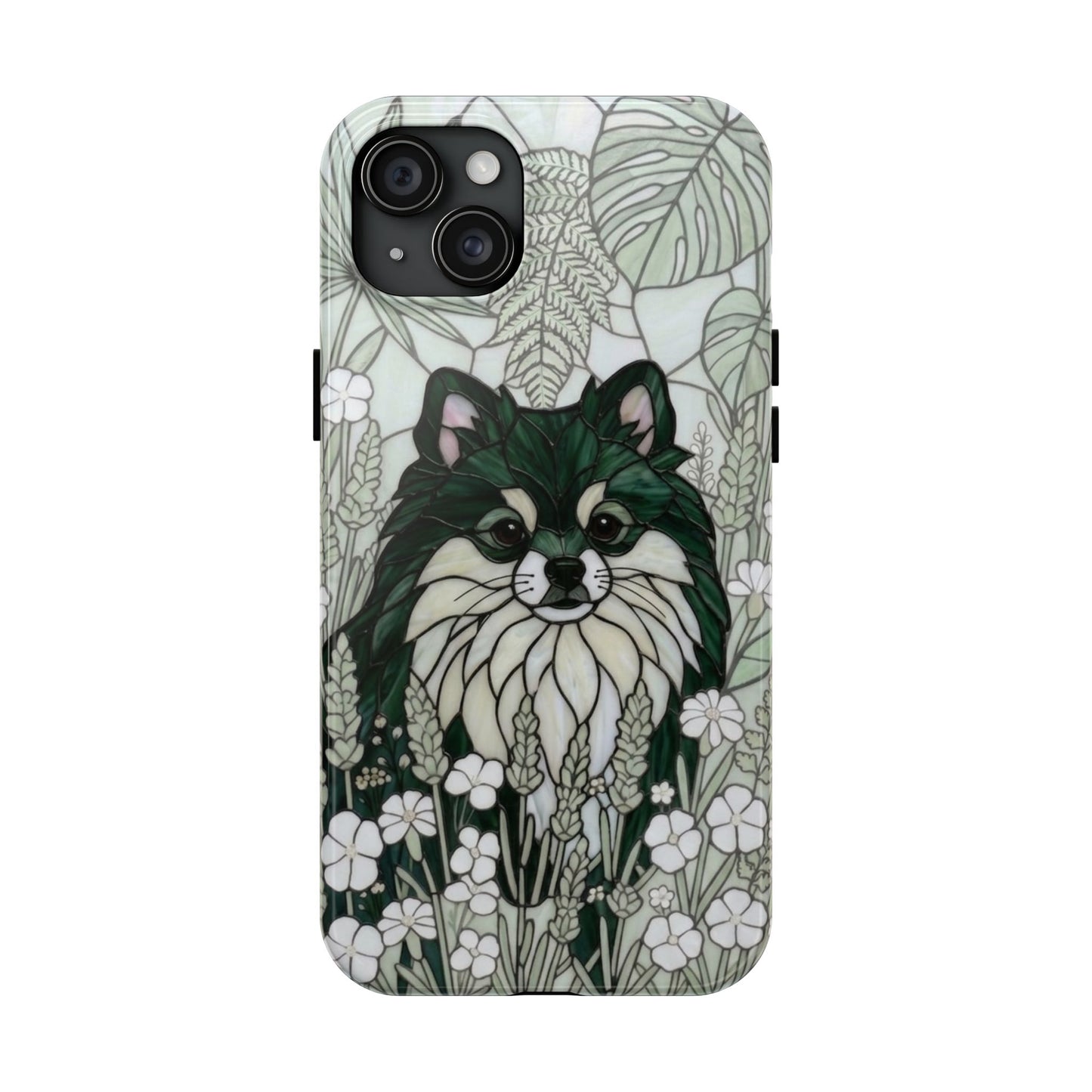 Pomeranian Stained Glass Style Tough Case — Botanical Green Theme
