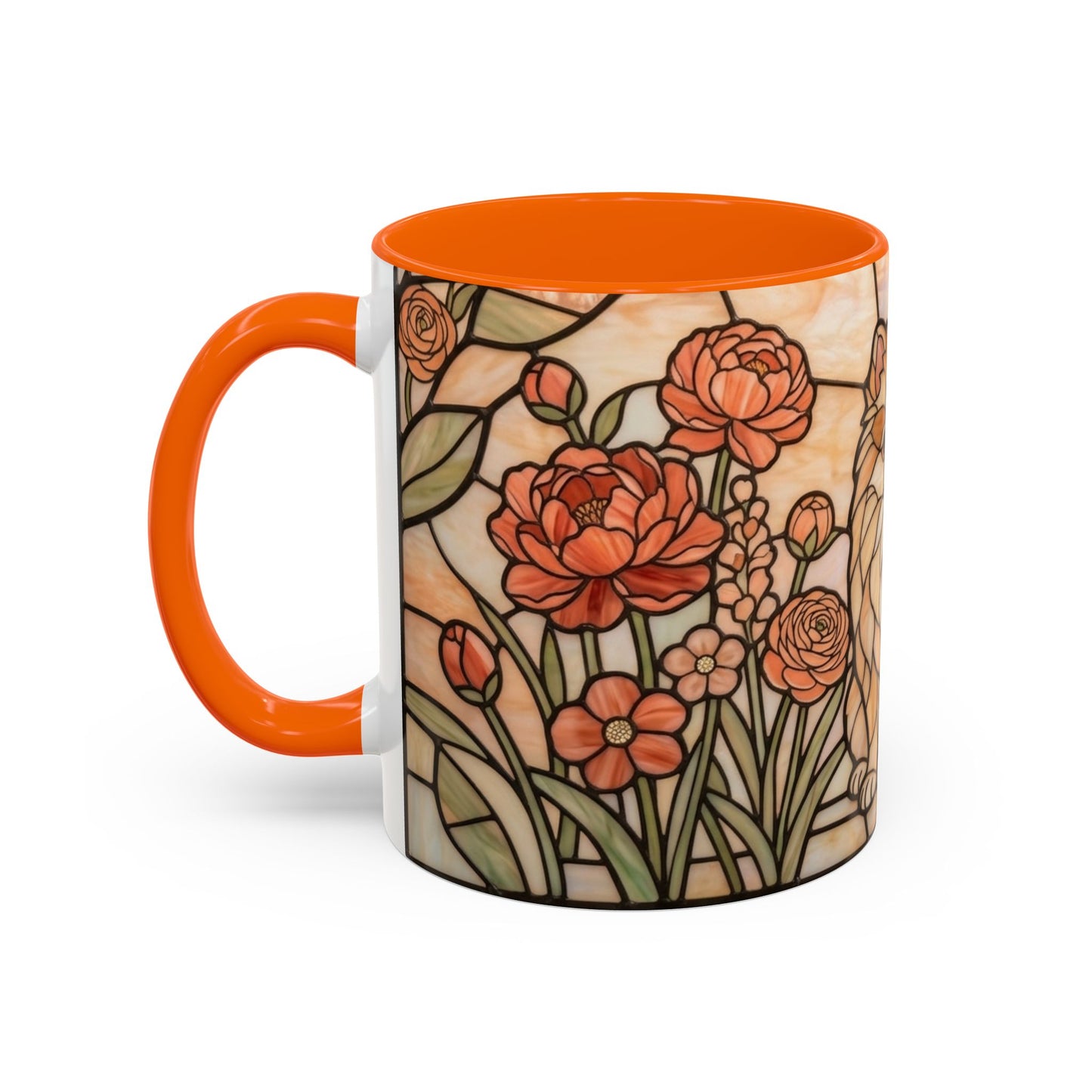 Mug with floral design and orange handle on a white background