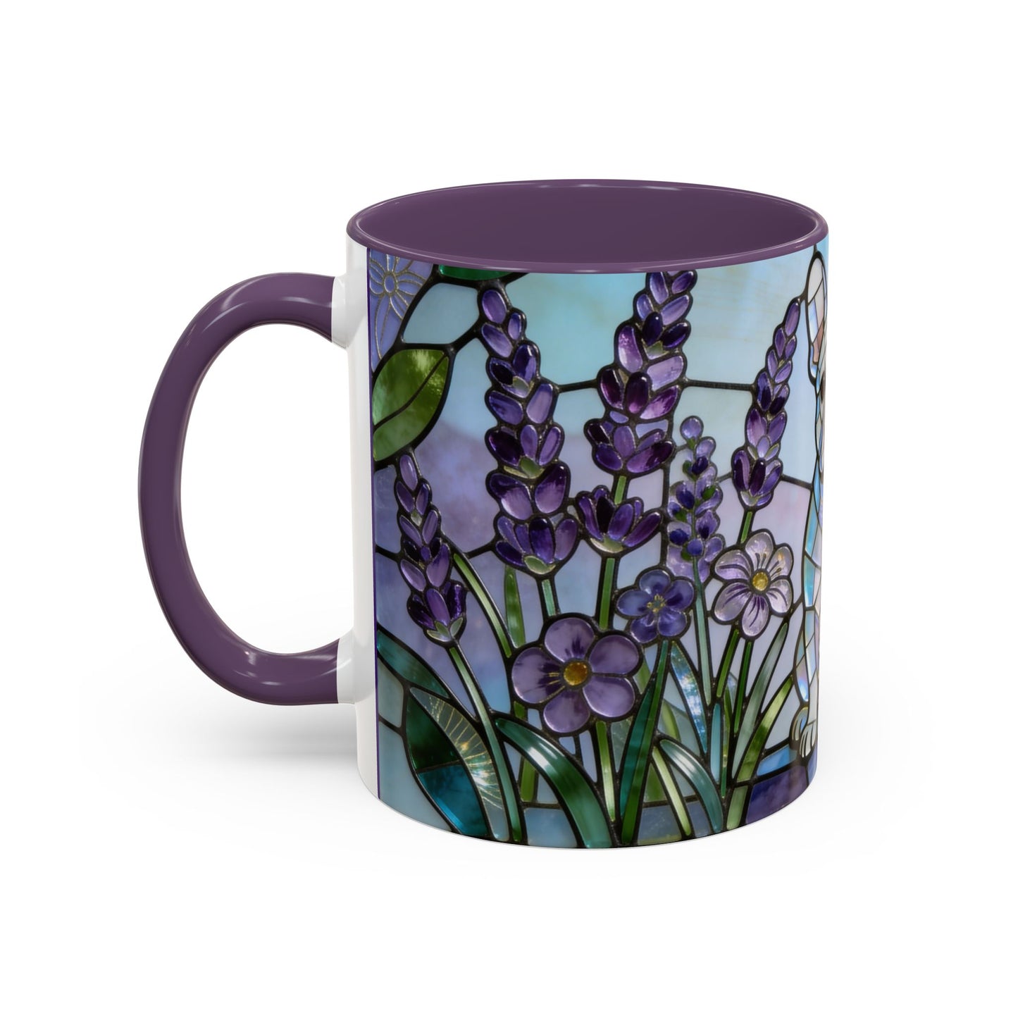 Stained Glass white French Bulldog Coffee Mug — Lavender Accent 11oz