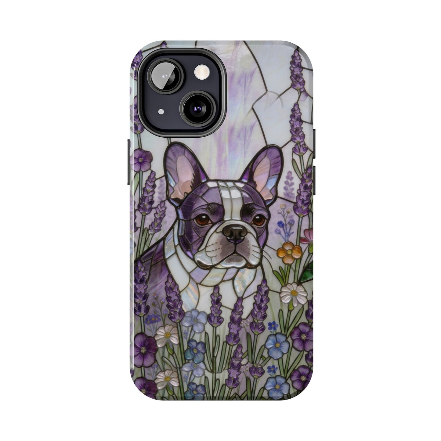 Frenchie Stained Glass Style Tough Case —Lavender Floral Theme