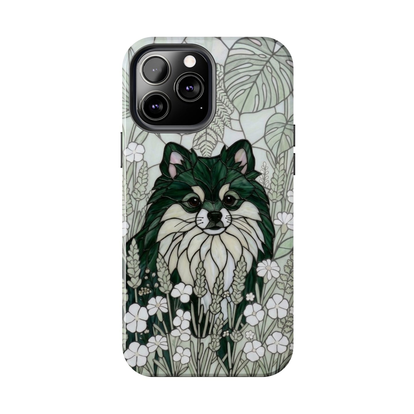 Pomeranian Stained Glass Style Tough Case — Botanical Green Theme