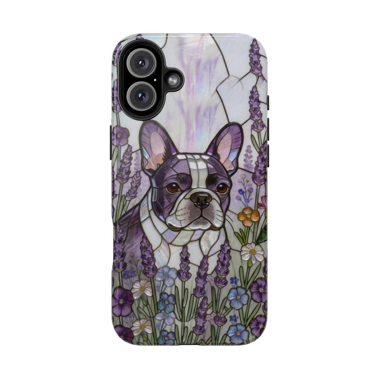 Frenchie Stained Glass Style Tough Case —Lavender Floral Theme