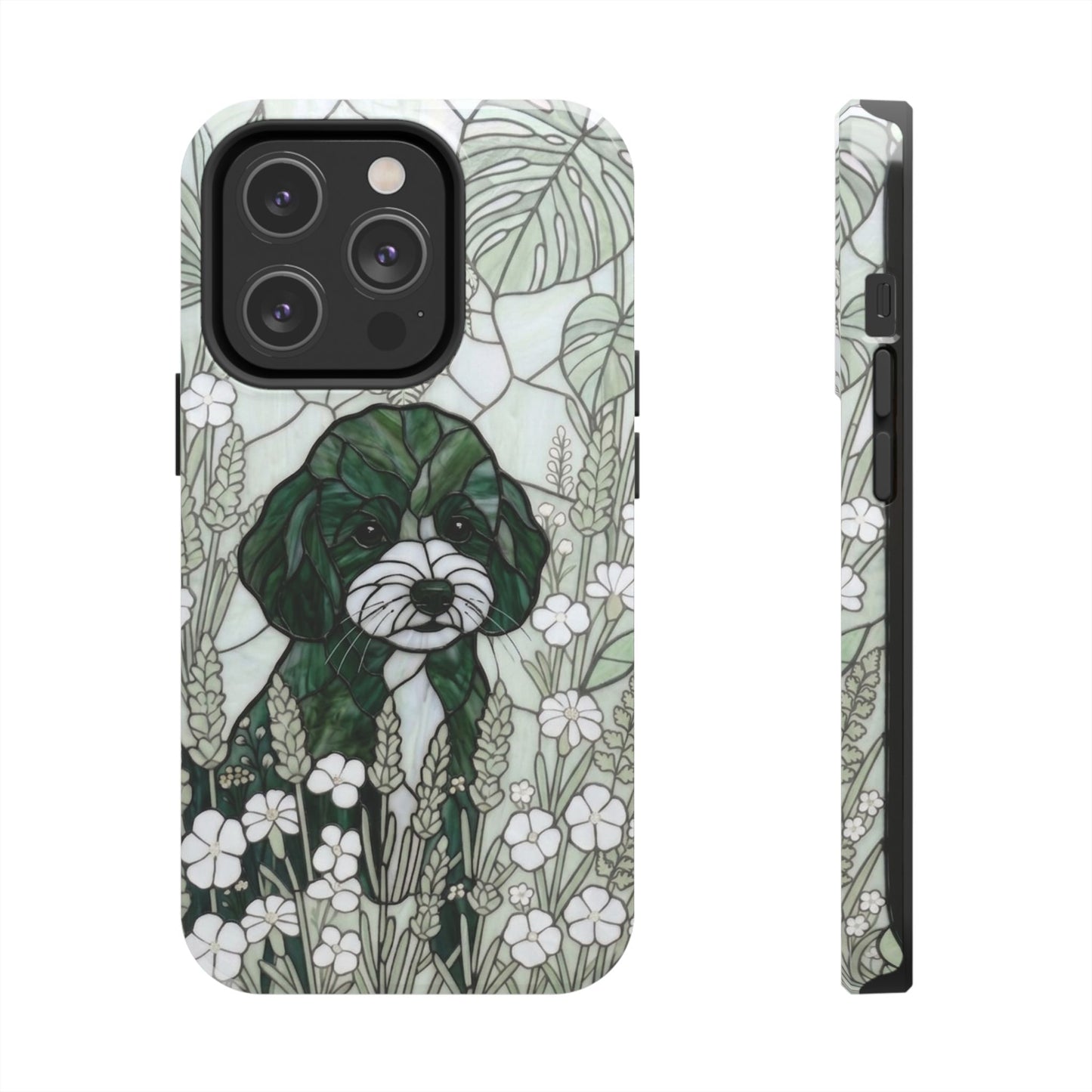 Toy Poodle Stained Glass Style Tough Case — Botanical Green Theme