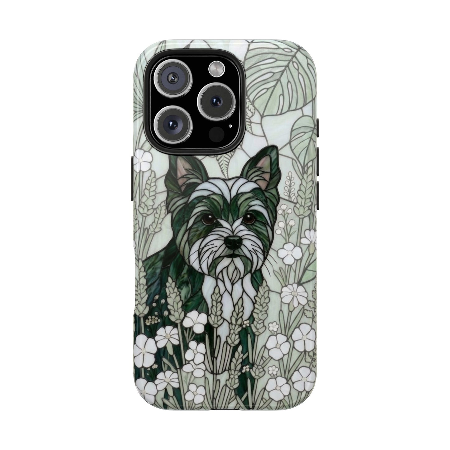 Yorkie Stained Glass Style Tough Case — Botanical Green Theme