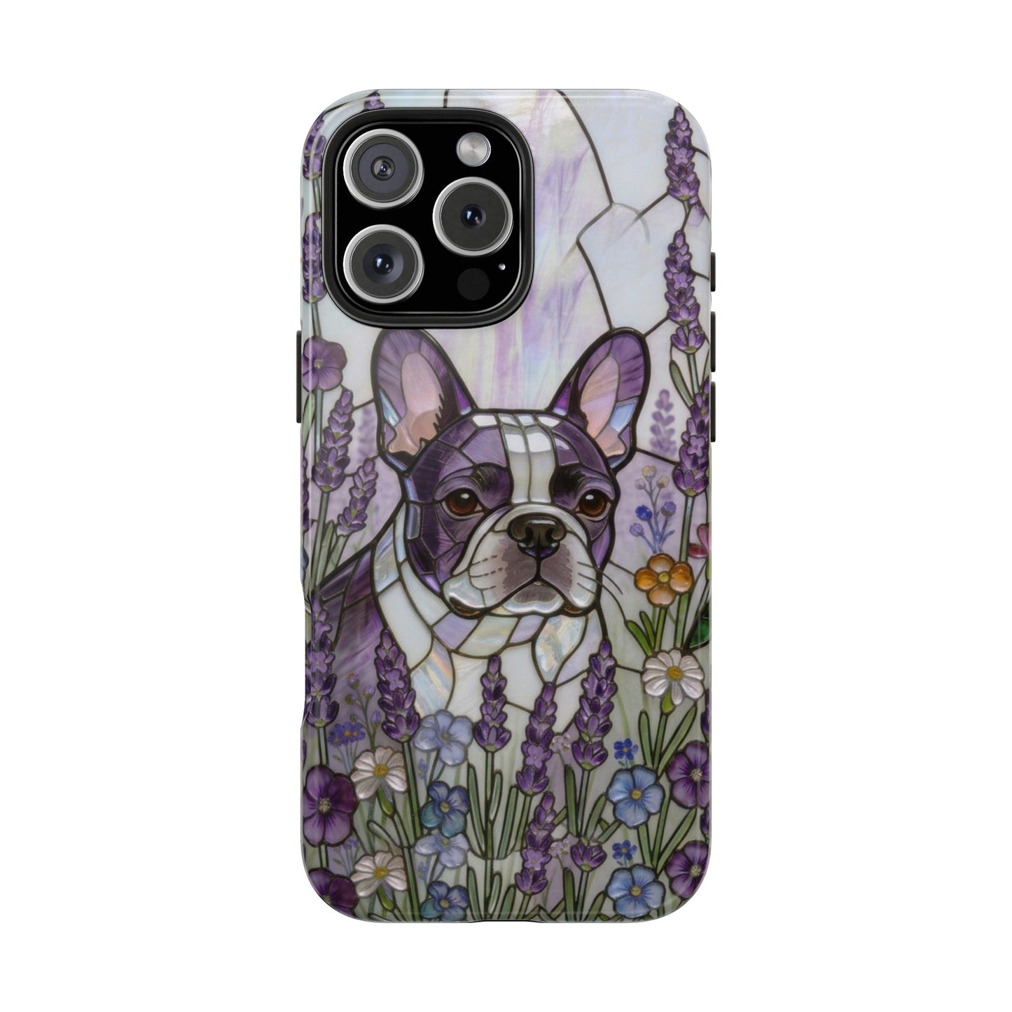 Frenchie Stained Glass Style Tough Case —Lavender Floral Theme