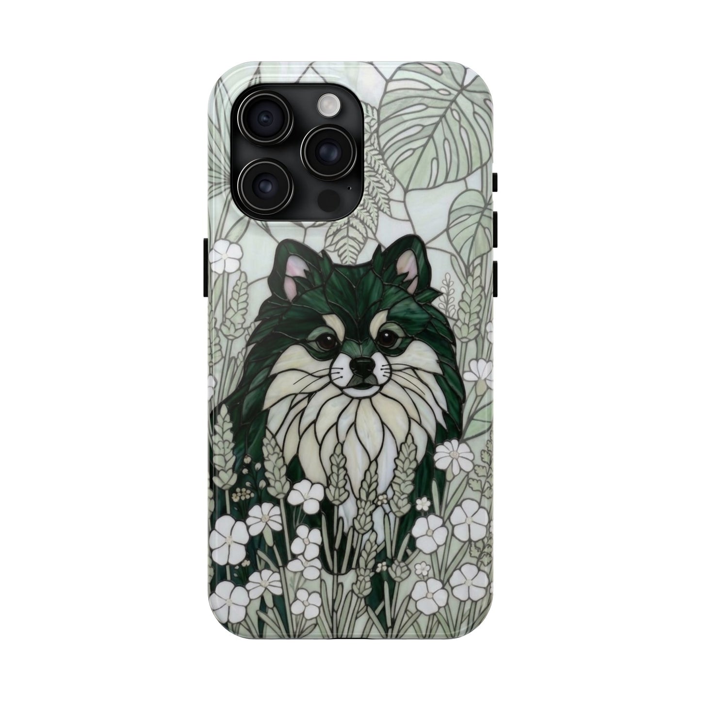 Pomeranian Stained Glass Style Tough Case — Botanical Green Theme