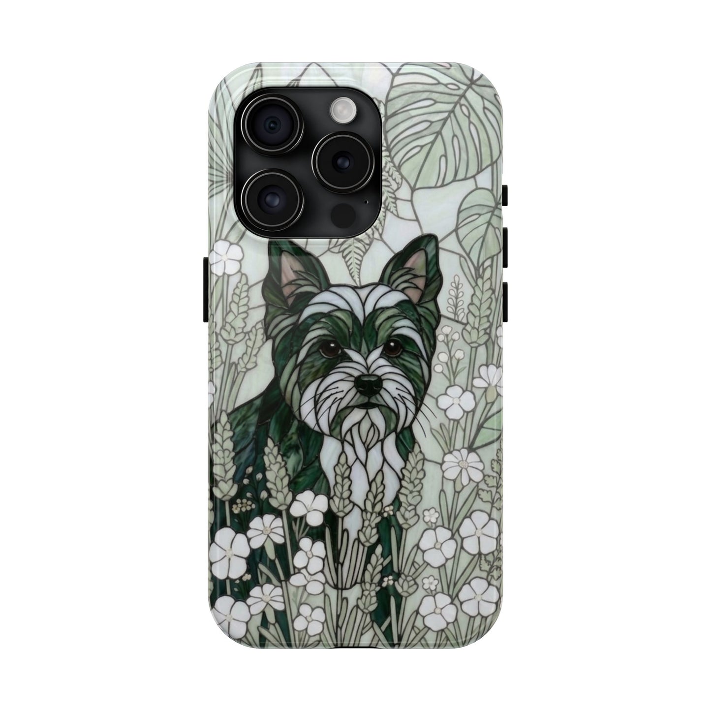 Yorkie Stained Glass Style Tough Case — Botanical Green Theme