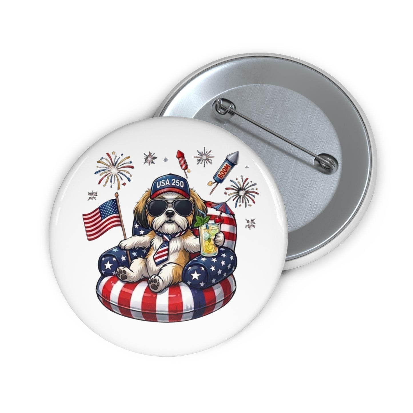Button badge with a dog design featuring American flags and fireworks on a white background