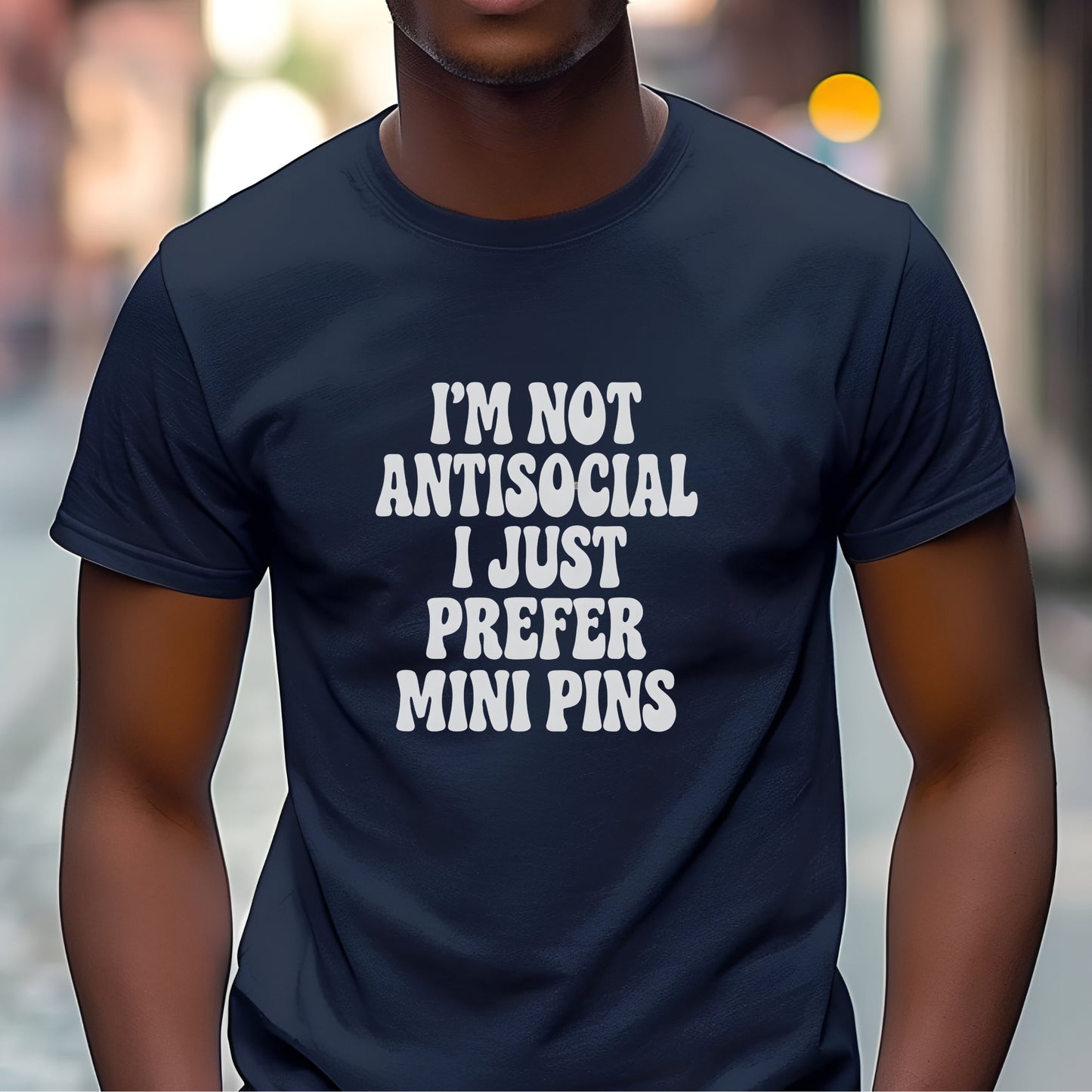 Man wearing a blue "I’m Not Antisocial, I Just Prefer Mini Pins" Miniature Pinscher unisex t-shirt
