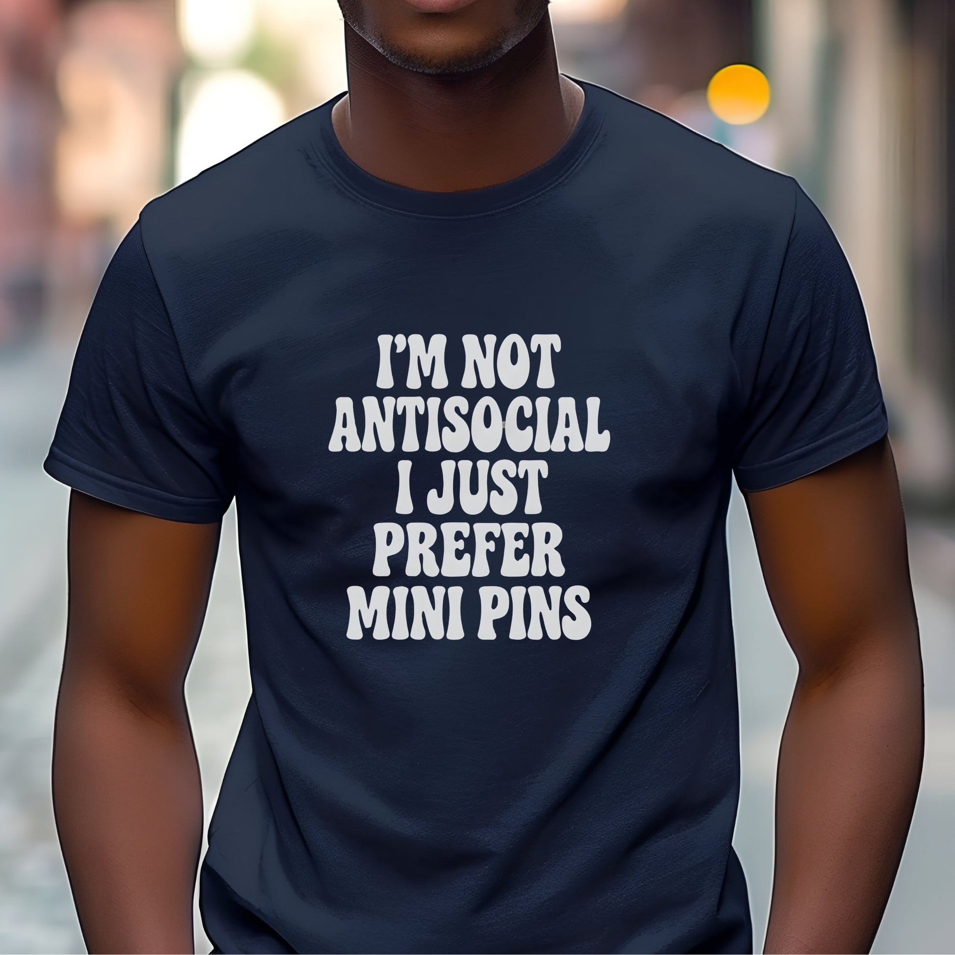 Man wearing a blue "I’m Not Antisocial, I Just Prefer Mini Pins" Miniature Pinscher unisex t-shirt

