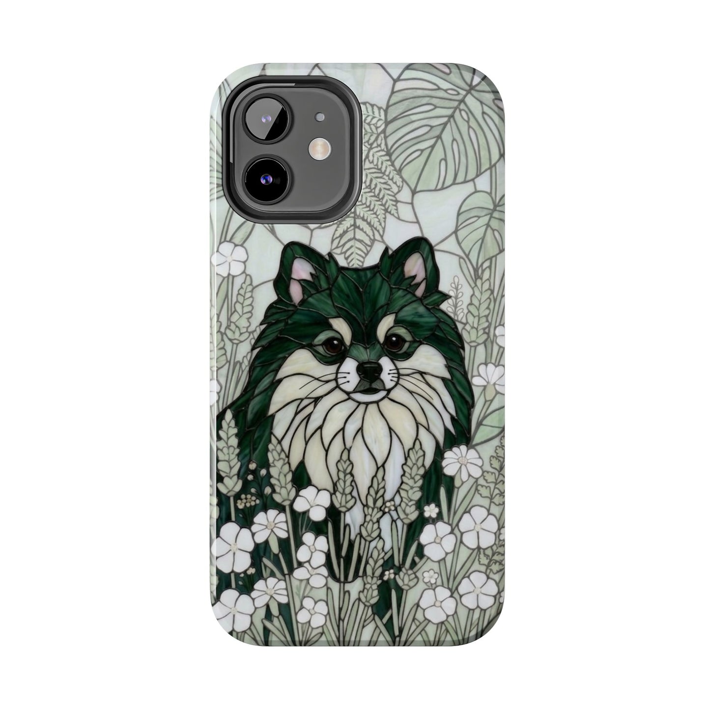 Pomeranian Stained Glass Style Tough Case — Botanical Green Theme