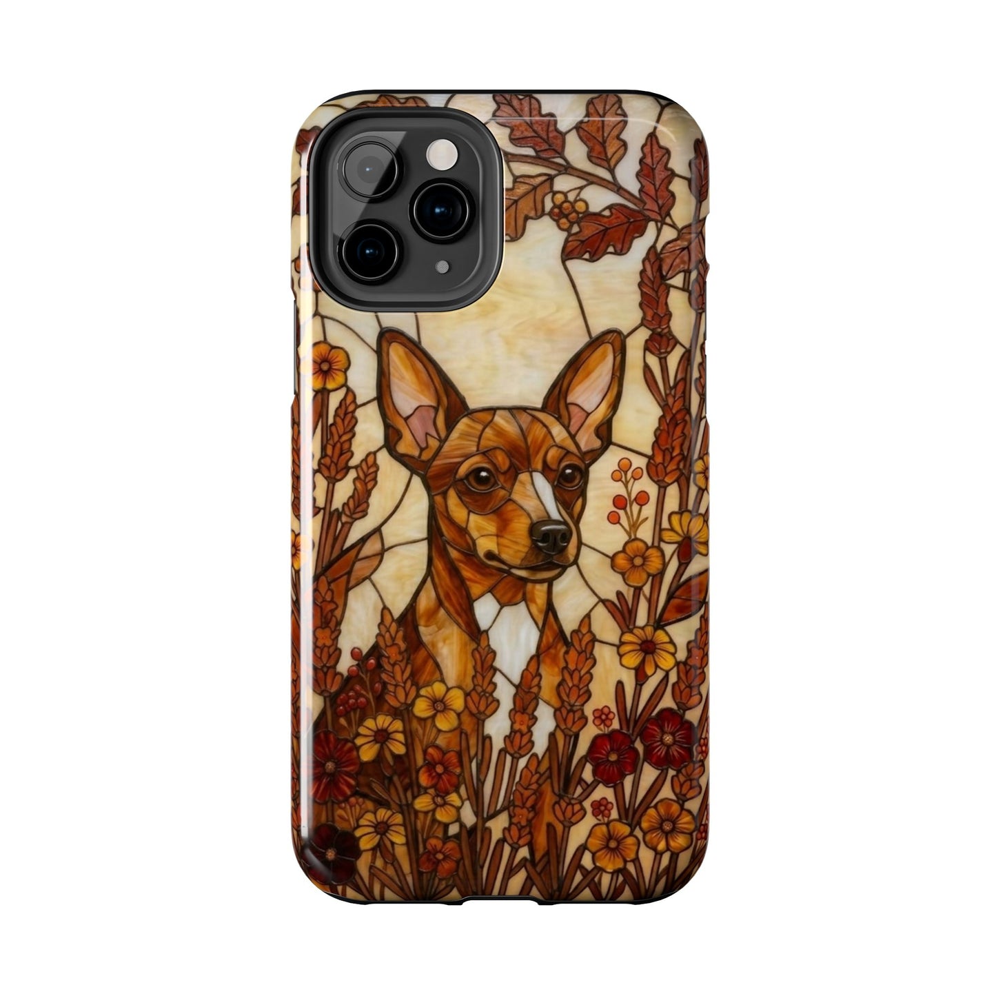 Phone case with a dog illustration in a floral frame on a white background