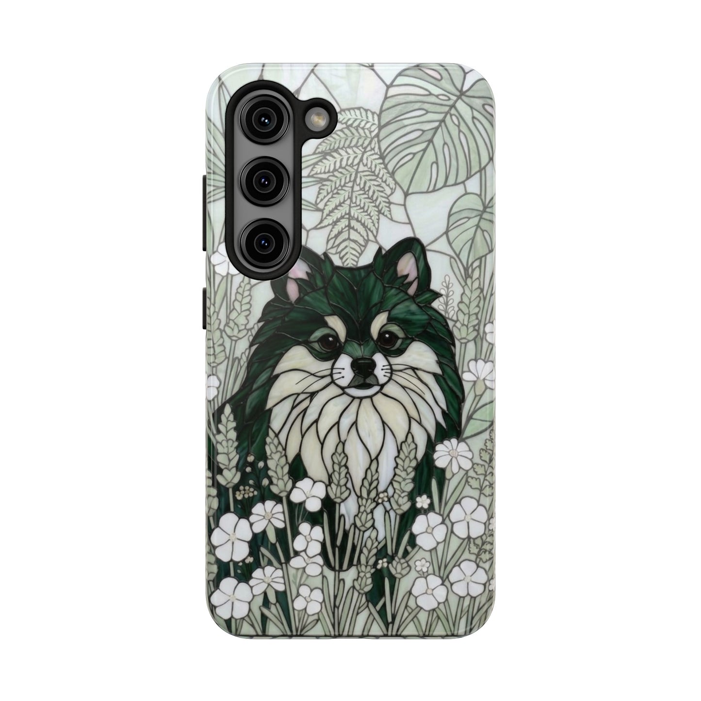Pomeranian Stained Glass Style Tough Case — Botanical Green Theme