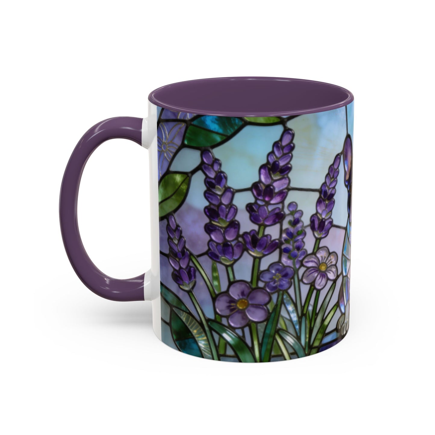 Mug with a purple floral design on a white background