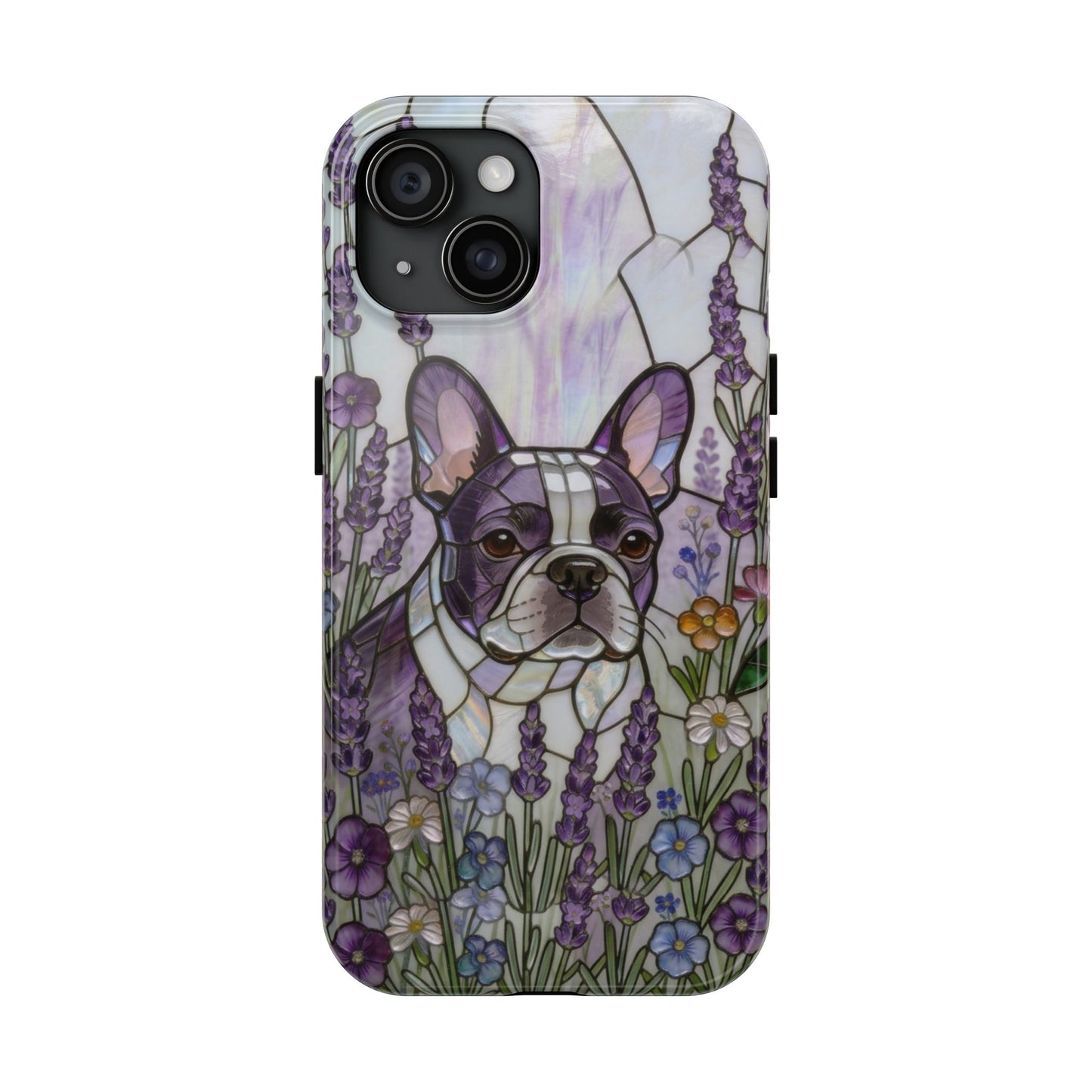 Frenchie Stained Glass Style Tough Case —Lavender Floral Theme