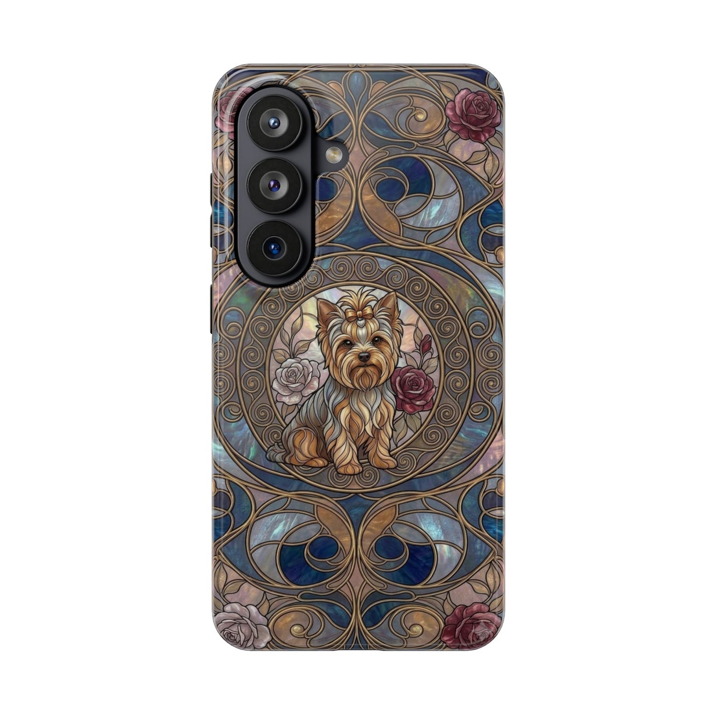 Yorkie Stained Glass Style Midnight Rose Tough Phone Case